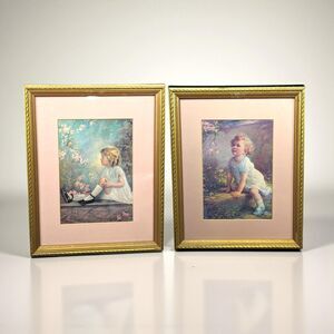 1930s Framed Childrens Prints: Song of the Bluebird & Lark